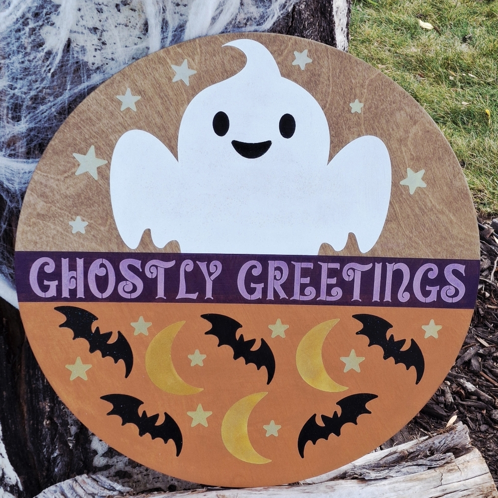 Ghostly Greetings Painted Halloween Door Hanger Welcome Sign Wall Hanging